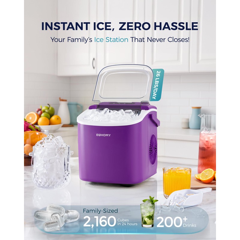 EUHOMY Countertop Ice Maker Machine with Handle, 26lbs Per Day,