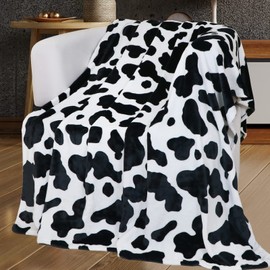 Round Cow Print Blanket Throws Lightweight Fleece Soft Cozy Throw Blanket Fuzzy Warm Plush Black White Cow Printed Blankets & Throws for Travel Chair Bedroom Living Room Sofa Couch Outdoor 50"x60"