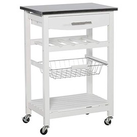 Linon Raven Wood Stainless Steel Top Rolling Kitchen Island Microwave Cart on Wheels with Wine Rack Pull Out Drawer and Basket for Storage in White