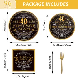 96 Pcs Vintage 40th Birthday Decorations for Men 40 Years old Paper Plates Napkins Birthday Supplies Back in 1984 Theme Party Tableware Set Cheers to 40 Years Table Party Decor Favors for 24 Guests