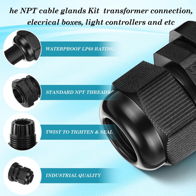50 Pcs 3/4" NPT Black Nylon Cable Gland, Waterproof IP68