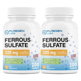 P Puregen Labs Puregen Labs Ferrous Sulfate 325 mg (65 mg Elemental Iron) High Potency Iron Supplement | No Artificial Color Additives - Total 400 Tablets Made in USA