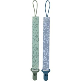 Nuby Pacifinder Baby Pacifier Clip - (2-Pack) - Pacifier Holder Clip with Convenient Hook Loop - Blue Dots and Green Dino