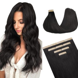 DOORES Tape Extensions Real Hair Natural Real Hair Tape in Human Hair, Natural Black, 35 cm (14 Inches) 25 g, 10 Pieces, Supplement, Real Hair Tape-in Extensions, Straight Hair Skin Weft