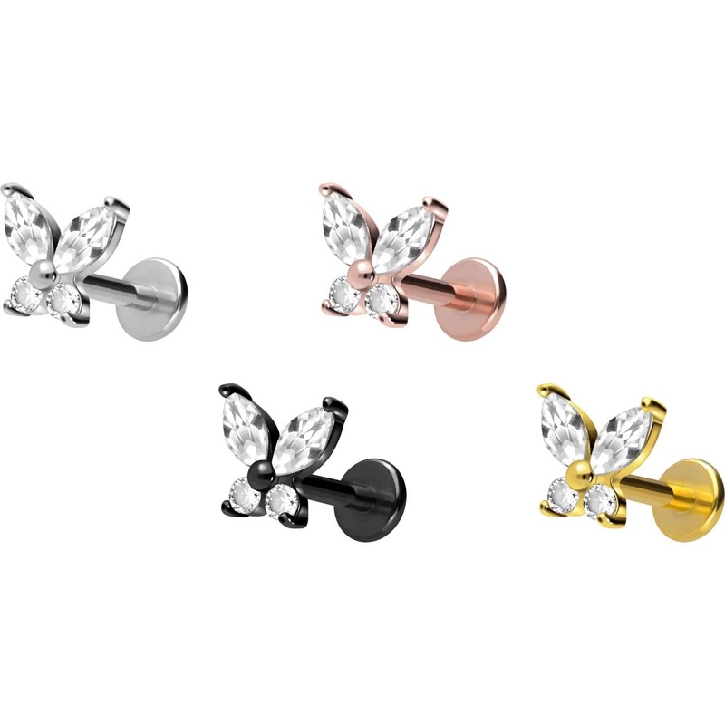 PIERCINGLINE Titanium Labret with Internal Thread Titanium Attachment Crystal Butterfly