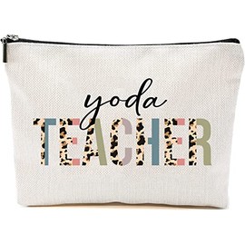 HTDesigns Yoga Teacher Cosmetics Bag - Leopard Yoga Teacher Makeup Bag - Gifts For Yoga Teacher - Yoga Teacher Birthday Gift - Cosmetic Travel Pouch Bag, White, 7”x9.8”
