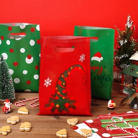 Sinmoe 200 Pcs Plastic Christmas Bags Bulk Christmas Merchandise Bag with Handles 9 x 12 Reusable Xmas Gift Treat Pouch for Shopping Retail Business Party Favors (Red Green, Green Elf Pattern)