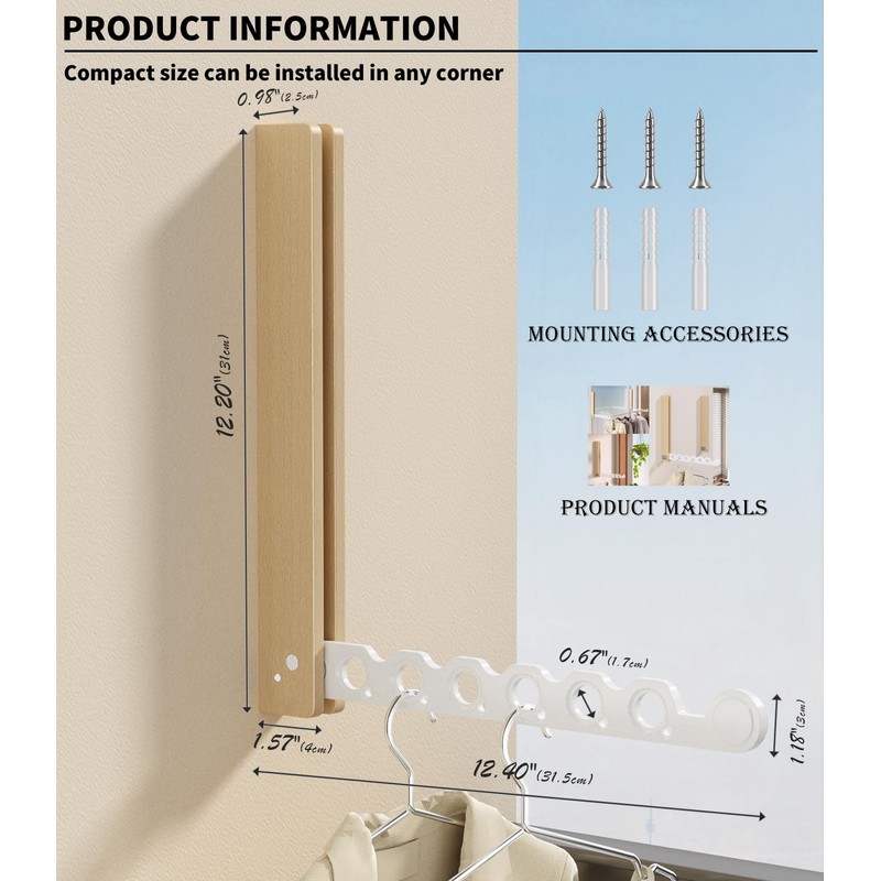 Natural Wood Folding Clothes Hanger Rack for Laundry Room, Wall