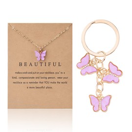 Butterfly Necklace Gifts for Women Cute Animal Pendant Necklaces for Girlfriend Anniversary Birthday Gift for Wife Fiancee Elegant Butterfies Clavicle Chain with Purple Burrerfly Keychain