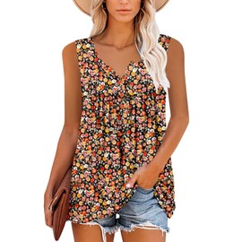 ROSELINLIN Womens Top Sleeveless V Neck Tank Tops Flowy Loose Fit Yellow Red Floral T-Shirts XXL