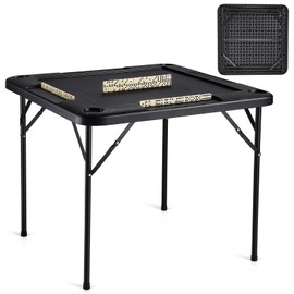 VEVOR Folding Card Table, 4 Player Portable with 4 Cup Holders & Chip Trays, Mahjong Domino Game Set, 35.4 x 35.4-inch, Black