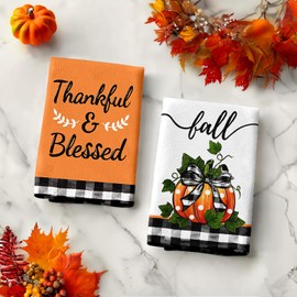 SUZEJHE Fall Hand Towels for Bathroom Set of 2, Autumn Thankful Blessed Pumpkin Buffalo Plaid Bath Hand Towels for Kitchen Home Hotel Gym Spa Yoga Farmhouse Thanksgiving Decorative 18x26 Inch