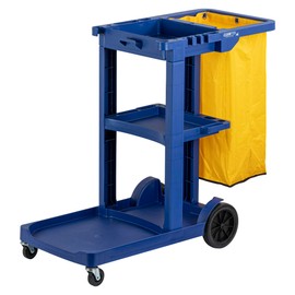 Restaurantware-Clean Tek Professional Janitor Cart with Wheels, 1 Cleaning Trolley with 18 Gallon Bag - 3 Shelves, Heavy-Duty, Blue Plastic Commercial Janitorial Cart, for Restaurants