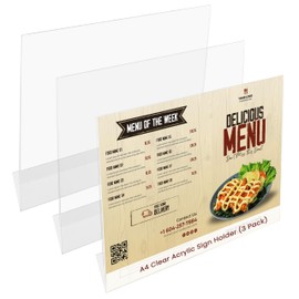 Belle Vous A4 Clear Acrylic Sign Holder (3 Pack) - Slanted Landscape Plastic Display Holders - Table Top Restaurant Menu, Office Desk Cards, Ad Poster, Leaflet, Flyer, Paper Holder & Photo Frame Stand