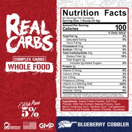 5% Nutrition Rich Piana Real Carbs with Real Food Complex Carb Powder, Long-Lasting Low Glycemic Energy for Pre-Workout/Post-Workout Recovery Meal, 2.8 lb, 40 Servings (Blueberry Cobbler)