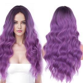 Yamel Ombre Purple Wig Synthetic Natural Long Hair Wig 26 Inch Adjustable Curly Wavy Middle Part Lace Front Wigs for Women