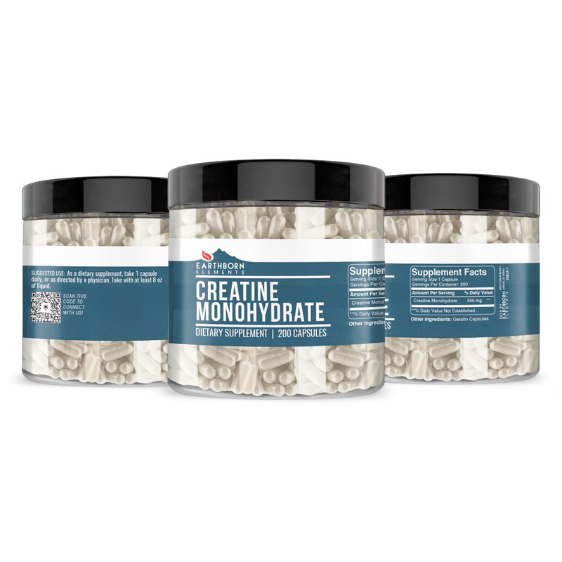 Earthborn Elements Creatine Monohydrate 200 Capsules, Pure & Undiluted, No