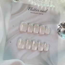 White glitter gradient handmade nail tip - Short Square / 화이트 글리터 그라데이션 수제네일팁 - 숏스퀘어