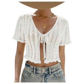 SHENHE Women's Short Sleeve Tie Front Knit Cropped Sweater Lightweight Summer Cardigan Knitwear White Small