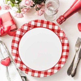 FALIZIFU 50 Pcs Red Gingham Paper Plates 7 Inch Disposable Red and White Buffalo Plaid Dinner Plates for Wedding Baby Shower Birthday Party Checkered Dessert Plate