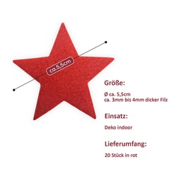 ggm Felt Stars, Diameter 6 cm, Decorative Stars, Christmas, Crafts, Decorating, Pack of 20 (Red)