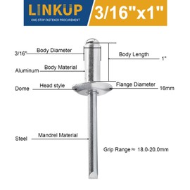 Linkup 75pcs pack 3/16" x 1" Large flange Pop blind Rivets,Large Head aluminum rivets,4.8mm x 25mm pop rivets,Aluminum Body Steel Mandrel Rivets (Silver)