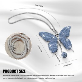 QZTYTY Bling Butterfly Diamond Car Hanging Accessories, Rearview Mirror Pendant, Crystal Car Rear View Mirror Charms Car Accessories for Women, Hanging Ornament Pendant for Cars (Light Blue)