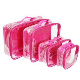 Clear Travel Packing Cubes Set of 4 for Carry On (XS, Small, Medium, Large) / See-Through Clothes Organizer Dividers for Suitcase/Transparent Vinyl PVC Cell Pouches for Luggage (Pink)