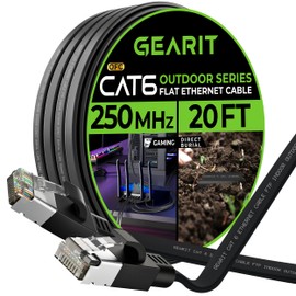 GearIT Cat 6 - Cable Ethernet plano para exteriores (20 pies, negro), con clasificación LLDPE para entierro directo – Red de computadora para juegos RJ45 sin enganches, cable de conexión a Internet