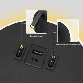 uksunvi LED Reading Lamp Wall Lamp USB Type-C Two Charging Mouth Switch Adjustable 12 W LED Spotlight 3000 K Wall Reading Lamp Aluminium Bed Lamp Rotatable (Round Black)