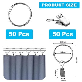 Zuxbolf 50 Stück Vorhangringe mit Clips Gardinenringe zum Öffnen Gardinen Klammern Silber Vorhang Clips mit Haken Vorhangklammern Metall Gardinenhaken Klemmhaken Curtain Rings für Vorhangstangen