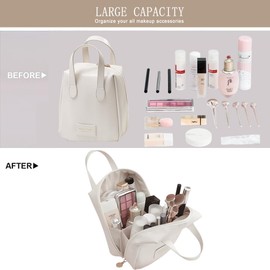 GREEN BREATH Travel Makeup Bag,Large Capacity Cosmetic Bag,Waterproof Portable Toiletry Bag,Organizing Bag with Compartments and Handle,PU Leather Cosmetic Handbag,White