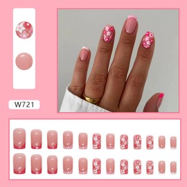 Vezocim Flower Press on Nails Coffin Shapes, Full Cover Square Acrylic False Nails with Floral Designs, Artificial Glossy Short Fake Nails with Sticky Tabs, Glue on Fingernails for Women (W721)