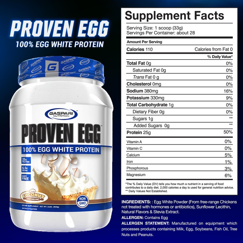 Gaspari Nutrition Proven Egg, 100% Egg White Protein, 25g Protein,
