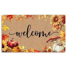 Mingnei Fall Pumpkin Mushroom Sunflower Coco Coir Doormat Door Mat for Home House Entrance, Farmhouse Fall Leaf Floral Pumpkin Floor Mats for Outdoor Outside Entryway 30x17 Welcome Mat