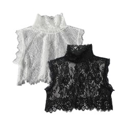 Lace Floral High Neck Turtleneck Fake Collar Sleeve Pullover Underwear Collar (Black+White 2 Pcs)