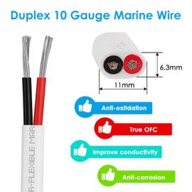 Kimbluth 10 Gauge Duplex Marine Wire Tinned Copper Boat Cable, 100ft 10 AWG Standard USA OFC Oxygen Free Copper Wire for Automotive Boat Speakers Solar Outdoors