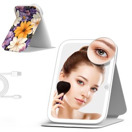 Mocado Travel Makeup Mirro with Lights, 360° Rotation Lighted Makeup Mirror, Portable Mirror with 10x Magnification, 3 Color Lightings, Dimmable Touch Screen, Tabletop Light up Mirror(Sun Daisy)