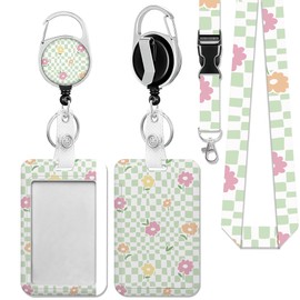 Stylish Floral Checkered Badge Holder with Detachable Lanyard, ID Card Holder Vertical ID Protector Clips, Fashionable Name Tags Clips with Heavy Duty Badge Reel for Nurse Doctor Office Employees