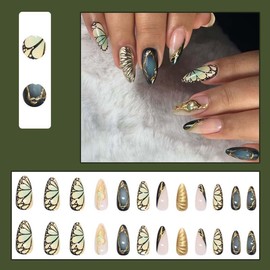 LINMEIZAI 24Pcs Press on Nails Short Almond Fake Nails Press ons Nail Tips Glue on Nails Full Cover Acrylic Nail Kit False Nails Stickers Nail Art with Glitter Dark Butterfly Design for Women Manicure