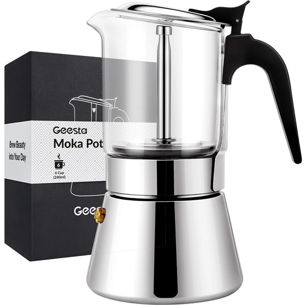 Geesta Premium Crystal Glass-Top Stovetop Espresso Moka Pot - 4/6/