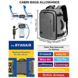 VANKEV Hand Luggage Backpack for Ryanair Easyjet Travel Backpack Hand Luggage Laptop Backpack Airplane Bag, lightgrey, Modern