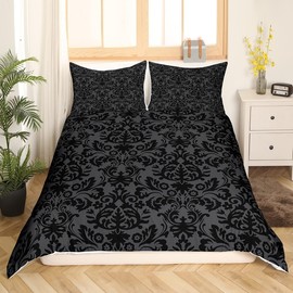 Homewish Black Damask Double Duvet Cover Sets for Kids Teens Adults, Vintage Royal Baroque Bedding & Linen, Victorian Classical Florals Bedding Set With Pillowcases, Ultra Soft