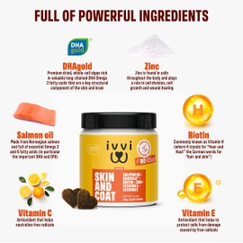 ivvi SKIN & COAT Omega 3 for Dogs Supplement (DHA) with DHAgold, Salmon Oil, Vitamin C & E, Biotin for Dogs – Itchy Skin & Itchy Dog Relief, Dog Allergy Relief, Soft & Shiny Fur - 60 Tasty Soft Chews