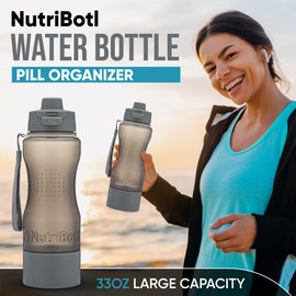 NutriBotl Health Water Bottle Pill Organizer - 33oz Large Capacity - Case for Pills Vitamins Supplements Medication Tablets - Portable 7-Day Pillbox for Travel Gym Office Outdoor - w/Easy Carry Strap