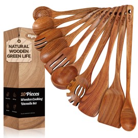 KLYRO Teak Wooden Cooking Utensils Set, 10 Piece Premium Kitchen Cookware, Non-Scratch Wooden Spoons for Cooking, Perfect for Cooking and Serving