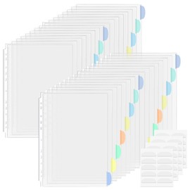 Vakki A4 transparent films with colourful index, can be used as dividers for A4 folders, pack of 32 A4 document sleeves, open top transparent pockets A4 for DIN A4 index and folder dividers