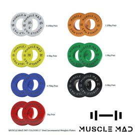 MUSCLE MAD IWF COLOURS 2" Steel Incremental Weights for Powerlifting, Olympic Weight lifting, Gym, Home Training Fractional Weight Plates, Change Plates, Colour Weight Plates 0.5kg Pair