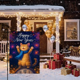 IVN Happy New Year Cat Garden Flag 12x18 Inch Double Sided Orange Kitten
