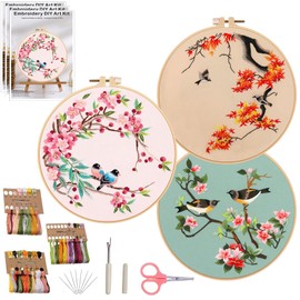 Ohcol 3 Sets Bird Embroidery Kit,Needlepoint Kits for Adults Beginner,Needle Point Kits with Washable Pre-Printed Floral Pattern,Hoops,Women DIY Hand Crafts